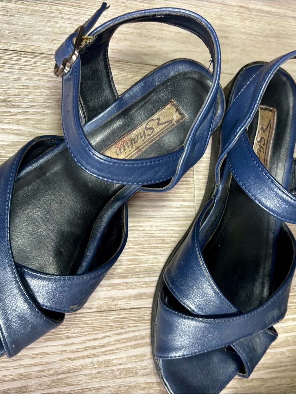 Vintage 90s Blue Leather Ankle Strap Sandals Platform Comfort Shoes Size 6 - Picture 2 of 4
